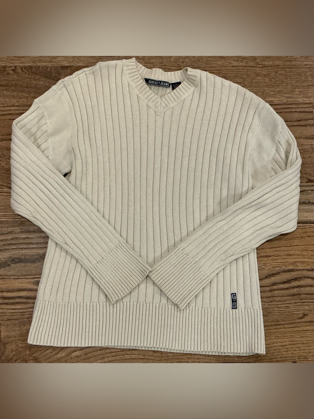 Vintage 90s Guess Jeans USA Ribbed V-Neck Sweater Men’s XL Beige